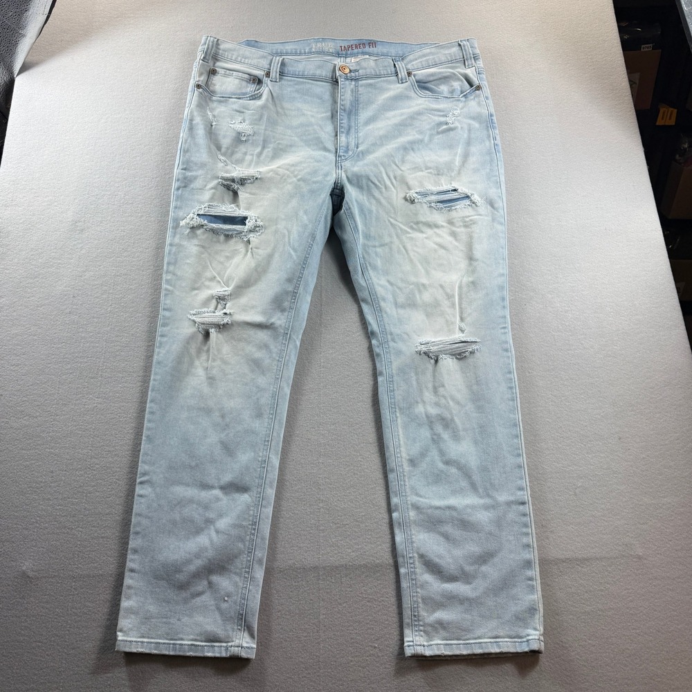 True Nation Tapered Fit Jeans Mens 44x30 Light Blue Distressed Stretch Denim